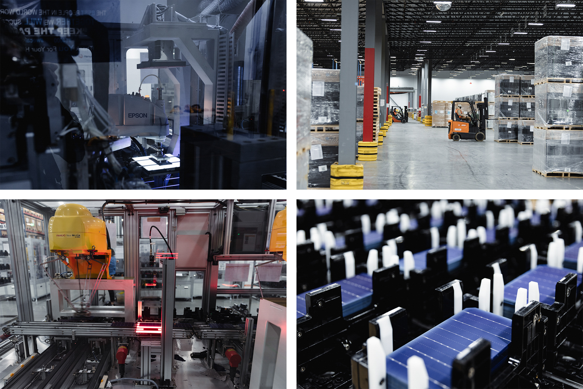 Solar modules being spliced, sorted, assembled, and then shipped out of the factory
