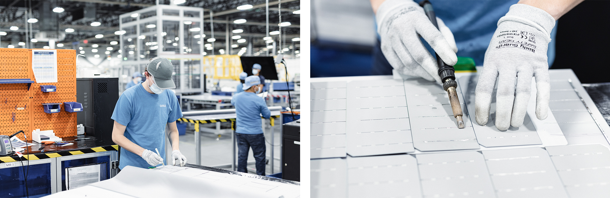 A Q Cells employee repairing solar panel modules at the facility in Dalton, Ga.
