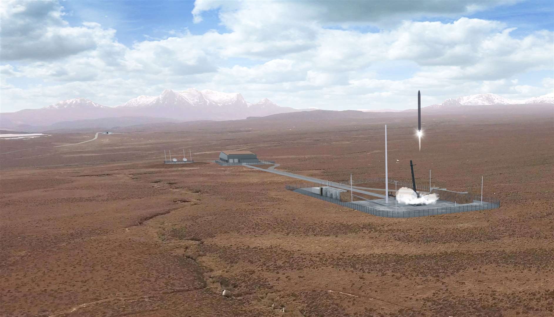 A visualisation by NORR of satellites being launched into orbit from Space Hub Sutherland.