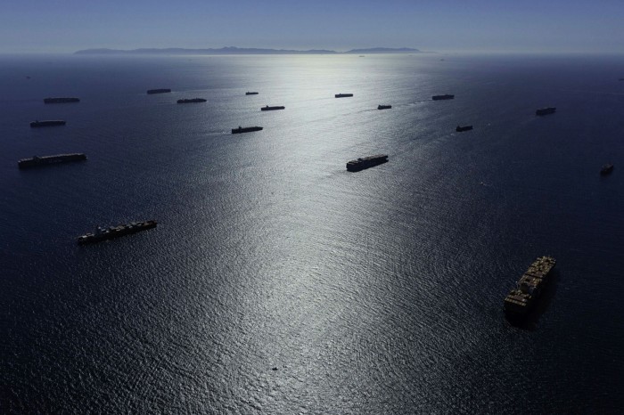 Container ships moored off the Los Angeles and Long Beach ports in California