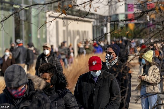 People wait in long lines to get tested for Covid-19 ahead of the holidays in Washington, D.C.