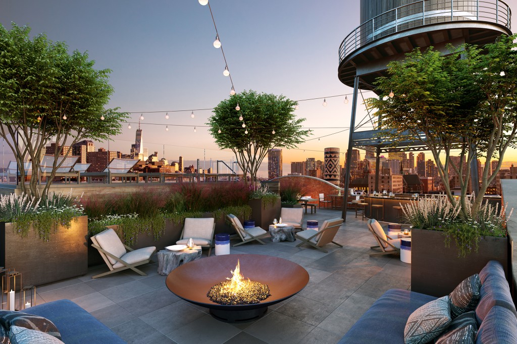 Entertainment seating area with a fire pit.
