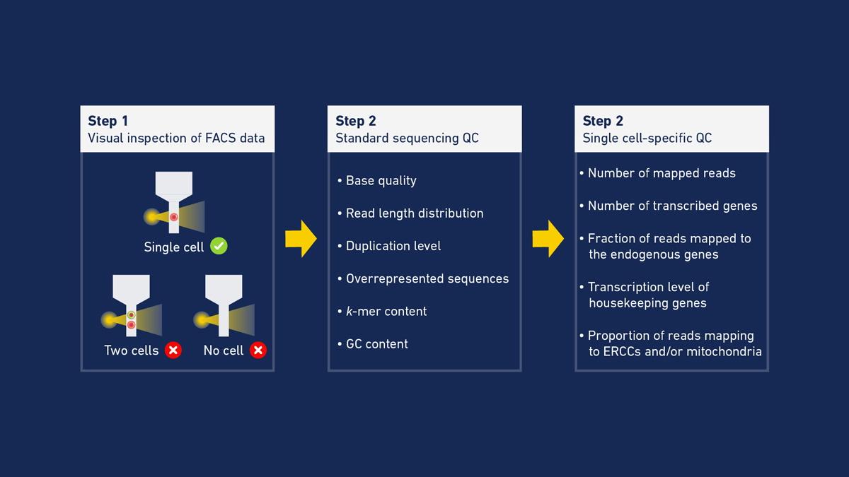 Figure 3: Quality controls for evaluating library preparation and sequencing outcomes. Quality controls for evaluating library preparation and sequencing outcomes. In this example, single cells have been isolated by FACS.