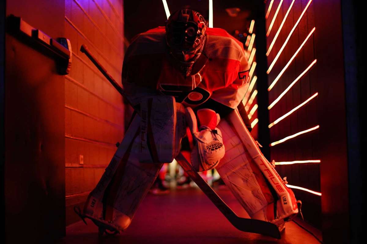 Philadelphia Flyers' Carter Hart waits outside the lockeroom before an NHL hockey game against the New York Islanders, Tuesday, Jan. 18, 2022, in Philadelphia.