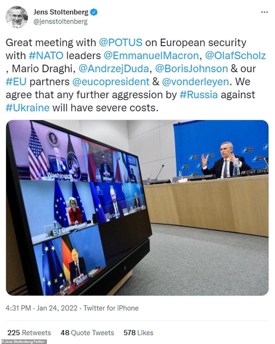 Participants in the call included U.S. President Joe Biden, European Commission President Ursula von der Leyen, European Council President Charles Michel, President Emmanuel Macron of France, Chancellor Olaf Scholz of Germany, Prime Minister Mario Draghi of Italy, NATO Secretary General Jens Stoltenberg, President Andrzej Duda of Poland, and Prime Minister Boris Johnson of the United Kingdom