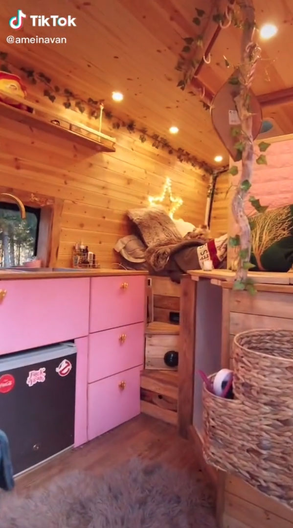 She added insulation, wooden walls and made all the furniture herself - mostly from free pallet wood