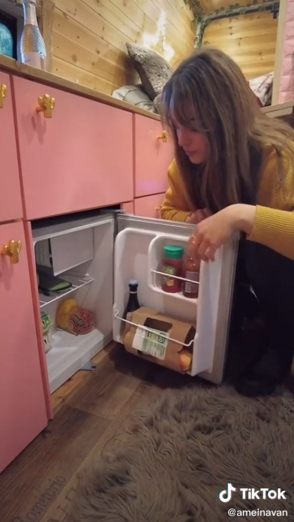 She has a tiny fridge and freezer for food when she is on the road