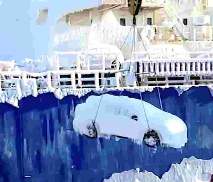 Frozen car on Russian ship