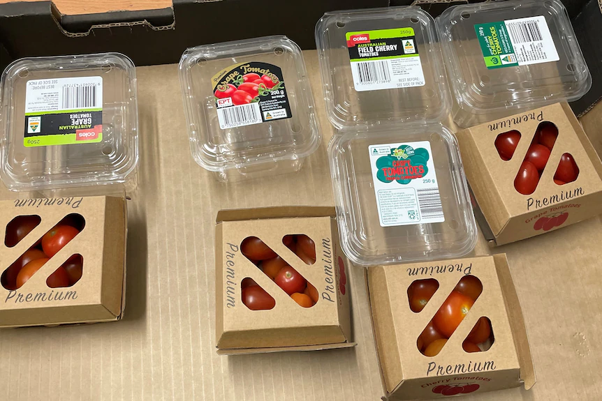 Plastic packaging vs. cardboard punnets for cherry and grape tomatoes.