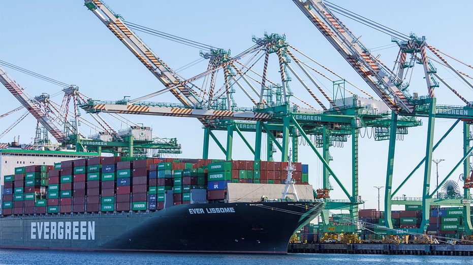 A container ship is shown at the Port of Los Angeles, Nov. 22, 2021.
