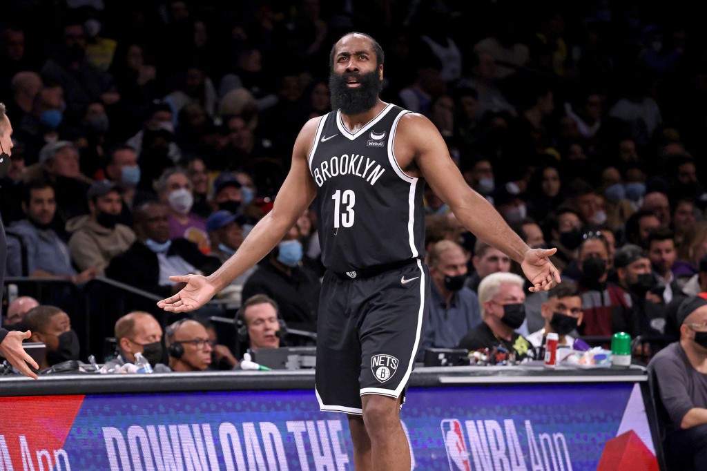 James Harden #13 of the Brooklyn Nets reacts