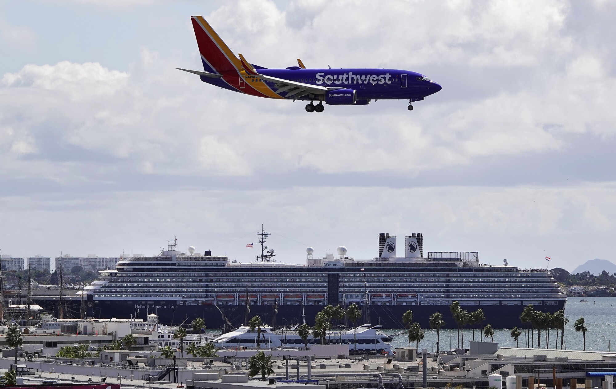 March 2020: A Southwest Airlines jet approaches San Diego International Airport.