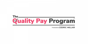 A logo that shows the name "The Quality Pay Program" with a pink check mark