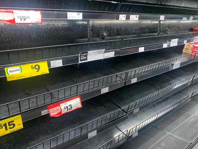 Stock in short supply at supermarkets due to panic buying.
PICTURED: Empty shelves at Woolworths, Innaloo