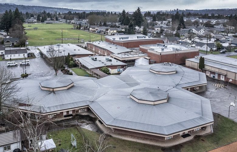 Thursday, December 23, 2021.     Sky View Education Center where environmental and health officials repeatedly found elevated levels of various toxins including PCBs.  The circular structures called East Pods were classrooms with the highest PCB levels. 219170