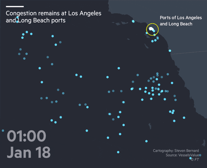 Map animation showing congestion remains at Los Angeles and Long Beach ports. Vessels must queue at least 150 miles from port, Vessels drift with the current in areas that they cannot easily anchor, also in a bid to save on fuel. The animation shows the location of all container ships around Los Angeles and Long Beach ports. You can clearly see dozens of ships drifting on the currents as the await a berth