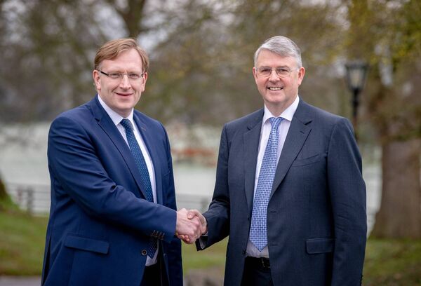 (Left to right) Jan Anker, Chief Executive of Royal A-Ware Group, and Jim Bergin, Chief Executive of Glanbia Ireland, at the launch of a proposal in 2019 to build the €140m plant at Belview, Co Kilkenny. (Left to right) Jan Anker, Chief Executive of Royal A-Ware Group, and Jim Bergin, Chief Executive of Glanbia Ireland, at the launch of a proposal in 2019 to build the €140m plant at Belview, Co Kilkenny.