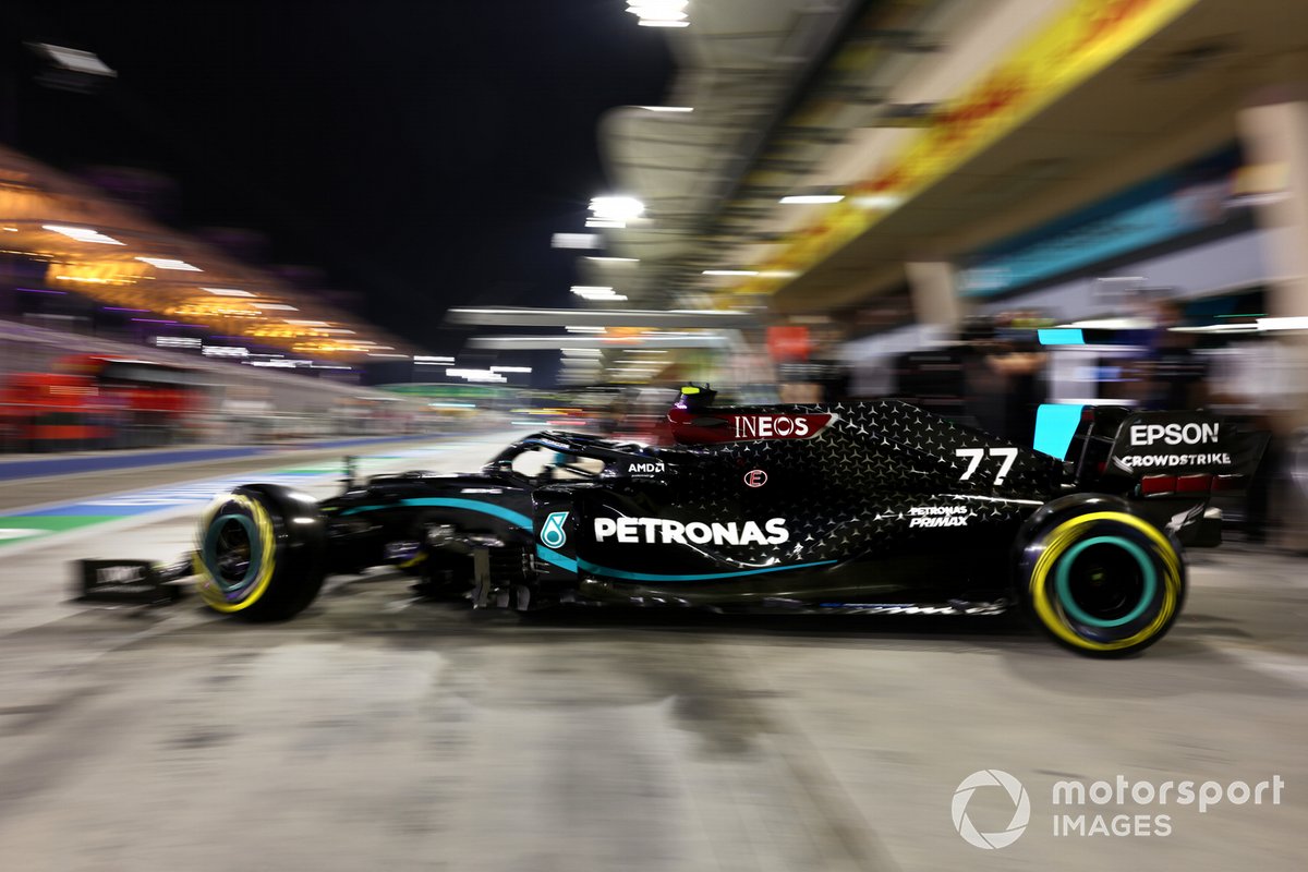Valtteri Bottas, Mercedes F1 W11, leaves the garage