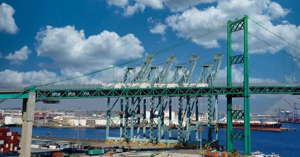 Cranes, ships, and a bridge at the Port of Los Angeles