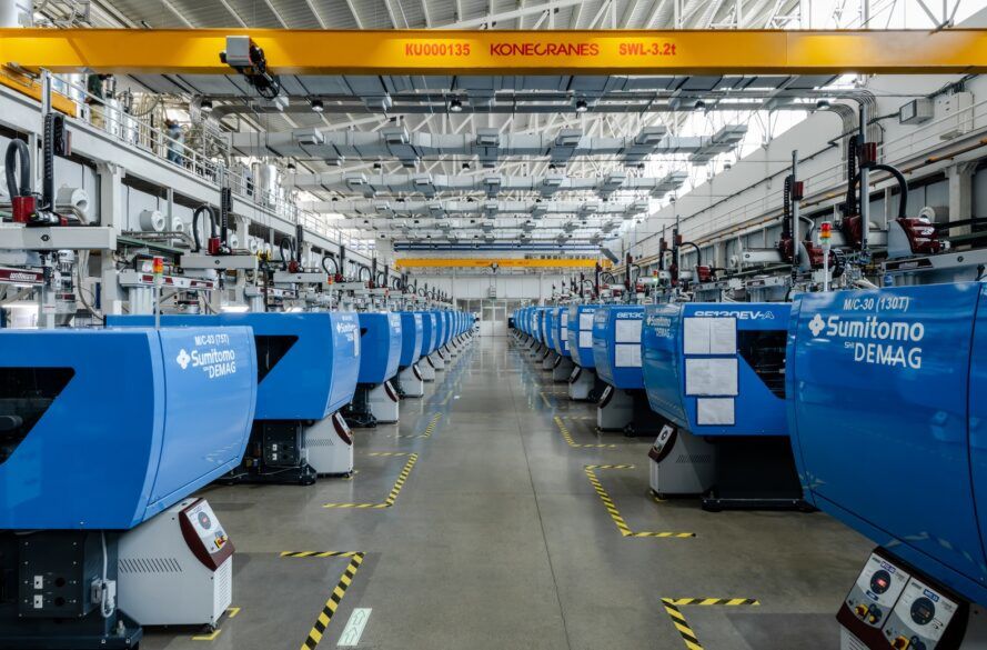 Inside a factory with blue machinery