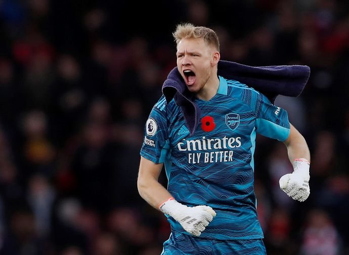 Aaron Ramsdale celebrates at Arsenal