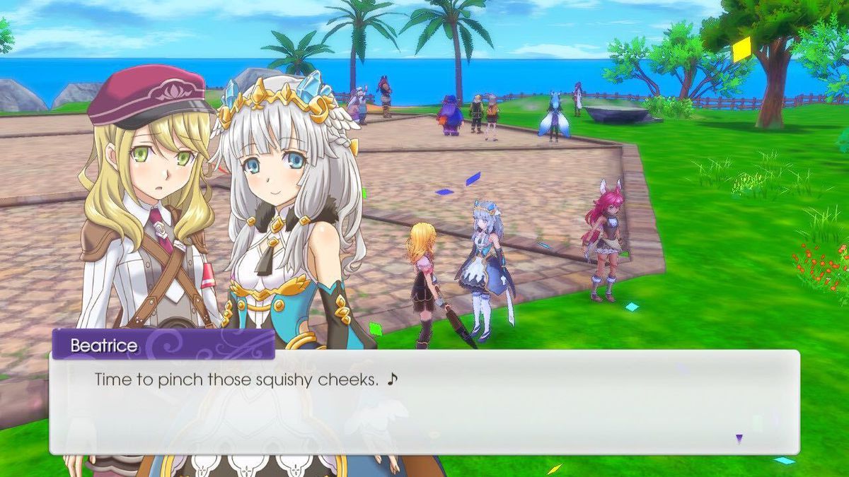 Beatice gets nice and close up to the protagonist as the protagonist blushes.