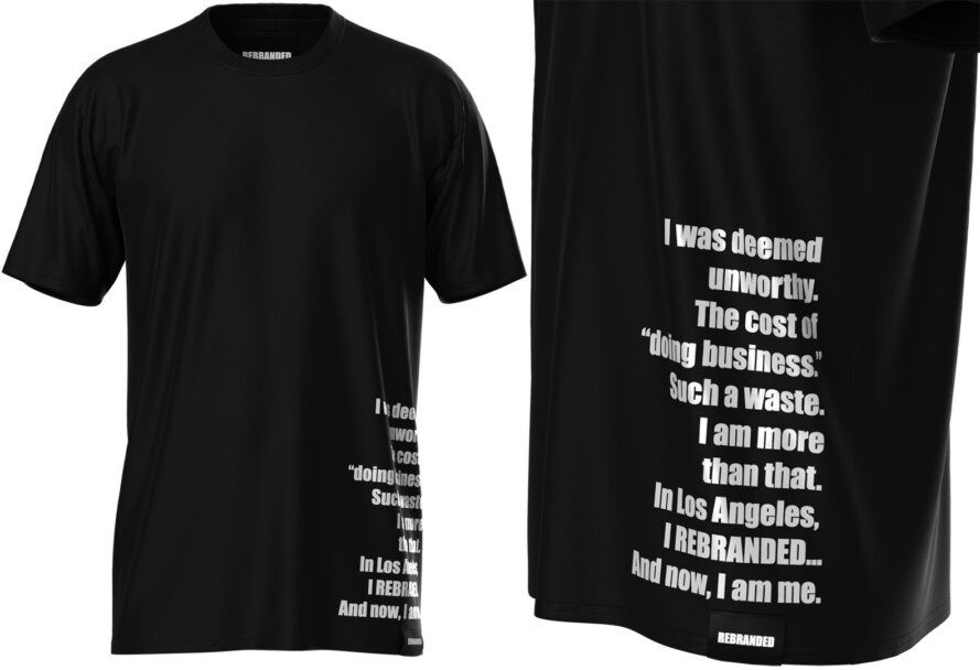 To the left, the front of a black shirt with white writing. To the right, a close up of the shirt's text.