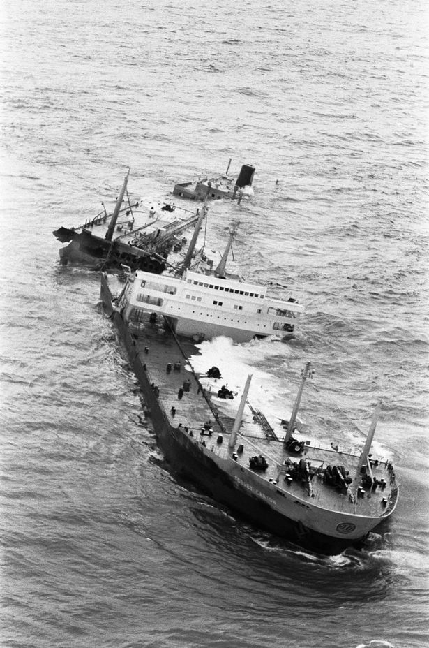 The Torrey Canyon as it started to break up on the rocks between Land's End and Scilly