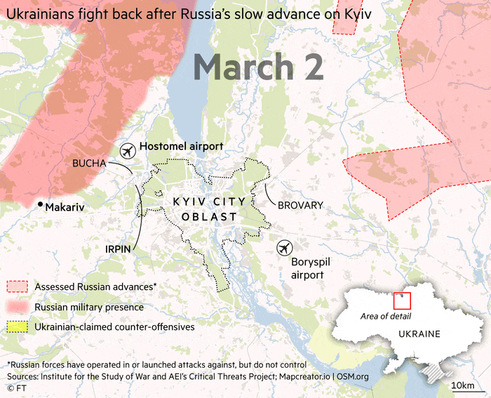 Map animation showing Russian military presence and Ukrainian counter-offensives around Kyiv