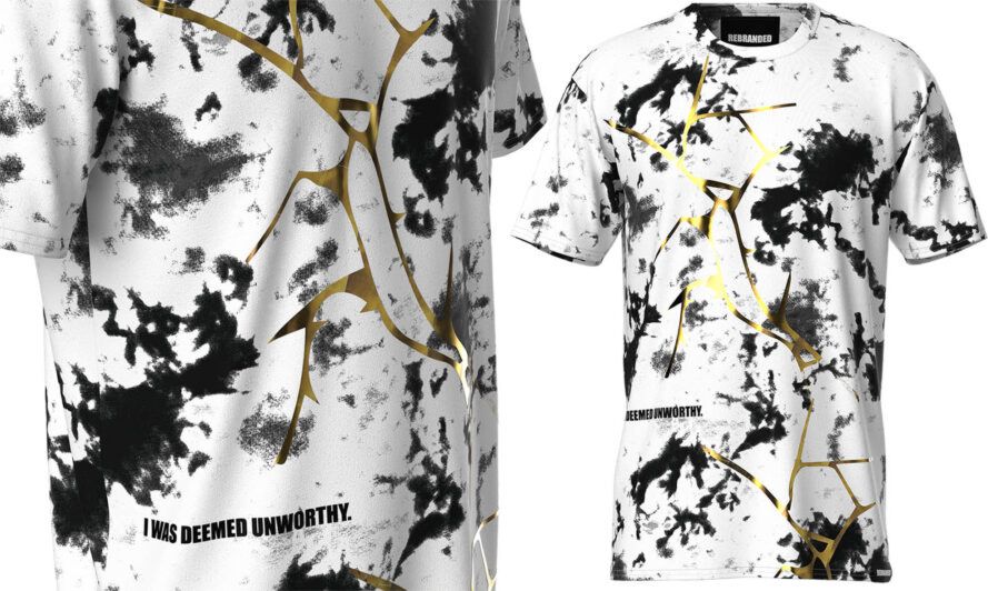 Two views of a black, white and gold shirt.