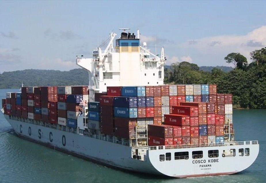 caption: The 850-foot Dyros, then called the Cosco Kobe, in the Panama Canal in 2013