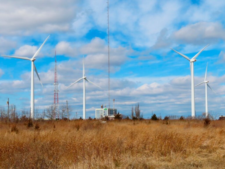 A land-based windmill farm in Atlantic City, New Jersey, NJ, that helps power a sewage treatment plant offers a glimpse of the future.