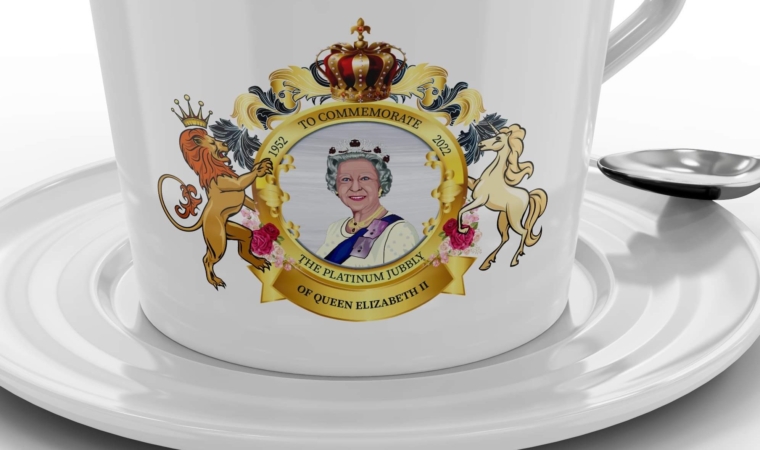 A close up of the misprint on a teacup