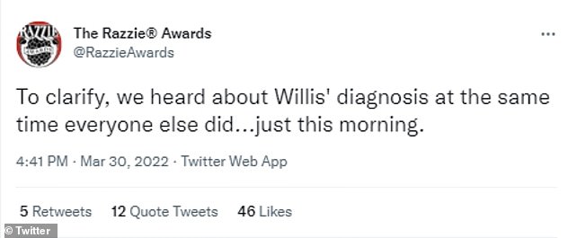 The parody award show revoked the honor on Wednesday after Willis' family announced he was diagnosed with aphasia, which has caused the actor to retire from the entertainment industry