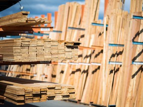 Rows of lumber at a lumberyard in Victoria, British Columbia.