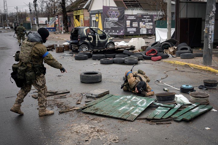 Ukrainian troops in Bucha, outside of kyiv. AP Photo