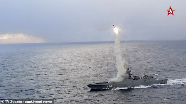 Russian warships launched cruise missiles at the strategic port of Odessa. In the photo: the launch of an 'unstoppable' Zircon [Tsirkon] nuclear-capable Mach 9 hypersonic missile from the Admiral Gorshkov frigate.
