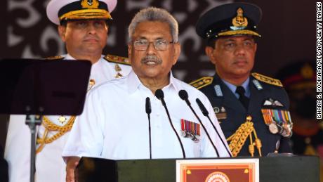 Sri Lanka&#39;s President Gotabaya Rajapaksa (center) addresses the nation in Colombo on February 4.