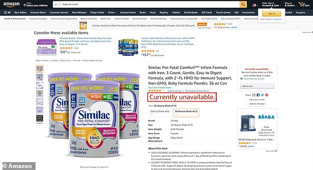 A recent recall also compounded the issue in February, when Abbott, one of the four major American formula manufacturers, recalled a number of its products - including the popular Similac. Pictured is a currently out-of-stock Similac listing on Amazon