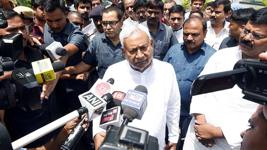 Bihar Chief Minister Nitish Kumar speaks to the media after paying last respects to former MP and JDU leader Naval Kishore Rai, who passed away. (ANI Photo)(Pappi Sharma) Bihar Chief Minister Nitish Kumar speaks to the media after paying last respects to former MP and JDU leader Naval Kishore Rai, who passed away. (ANI Photo)(Pappi Sharma)