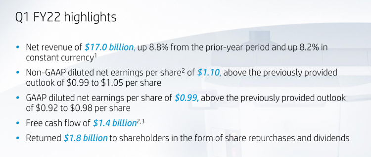 HP's first-quarter earnings highlights