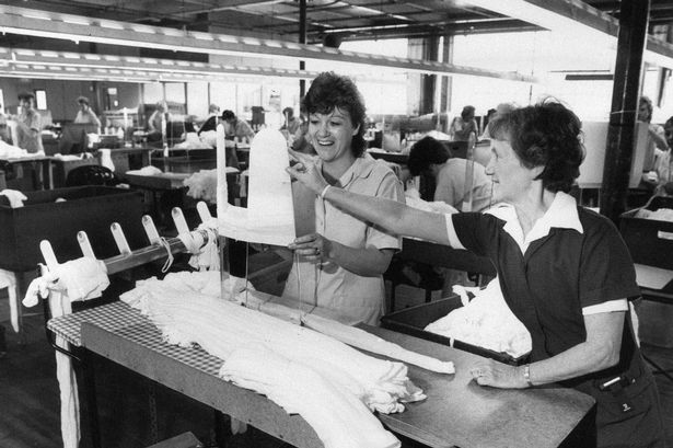 Bear Brand Hosiery, Howard Ford Factory in Woolton in Liverpool, October 1, 1987, inspecting the tights
