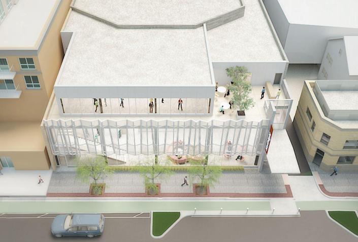 A rendering shows an aerial view of the planned 300-seat Northlight theater on Church Street in downtown Evanston. (City of Evanston)