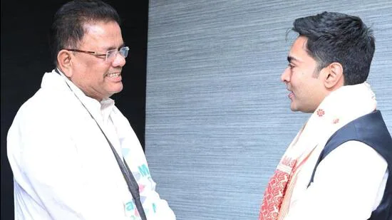 Ripun Bora, who was the Congress candidate for last month’s Rajya Sabha polls (which he lost), joined TMC in Kolkata in the presence of party national general secretary Abhishek Banerjee. (TWITTER/@abhishekaitc.) Ripun Bora, who was the Congress candidate for last month’s Rajya Sabha polls (which he lost), joined TMC in Kolkata in the presence of party national general secretary Abhishek Banerjee. (TWITTER/@abhishekaitc.)