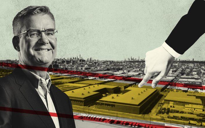 CBRE's Chuck Leitner and Amazon warehouses at 12555 Flatlands Avenue and 12595 Flatlands Avenue (March Associates Construction, CBRE, iStock, Illustration by Kevin Cifuentes for The Real Deal)