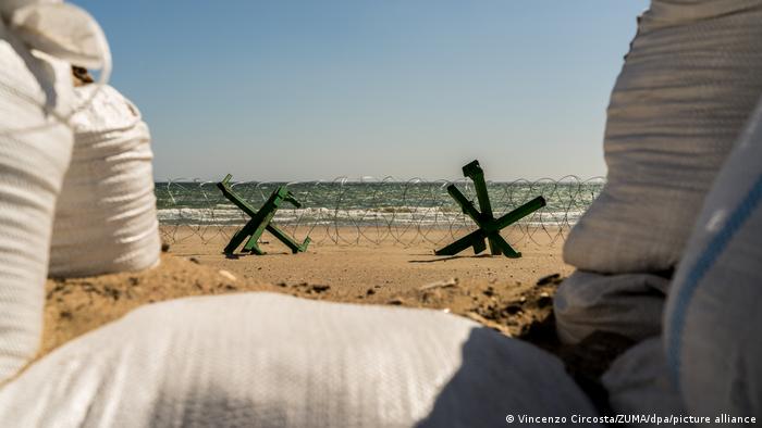 Barbed wire and hedgehogs off the coast of Odesa, Ukraine