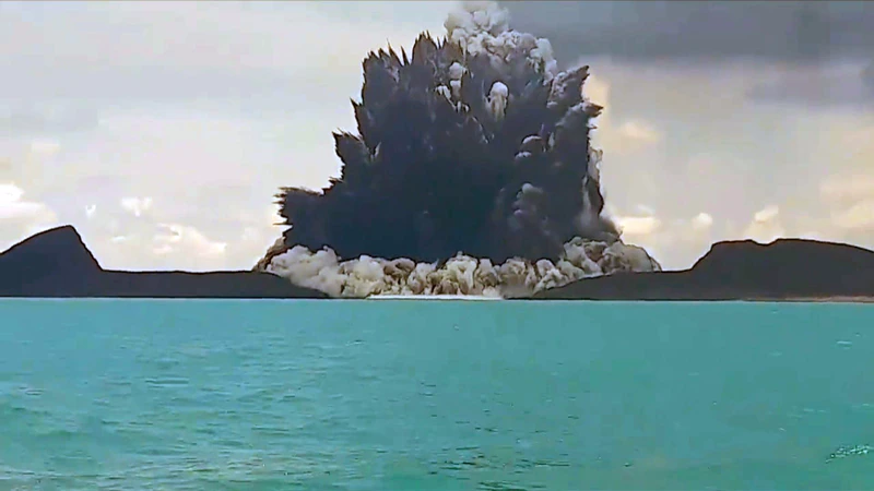The Hunga-Tonga-Hunga-Ha'apai volcano erupting.