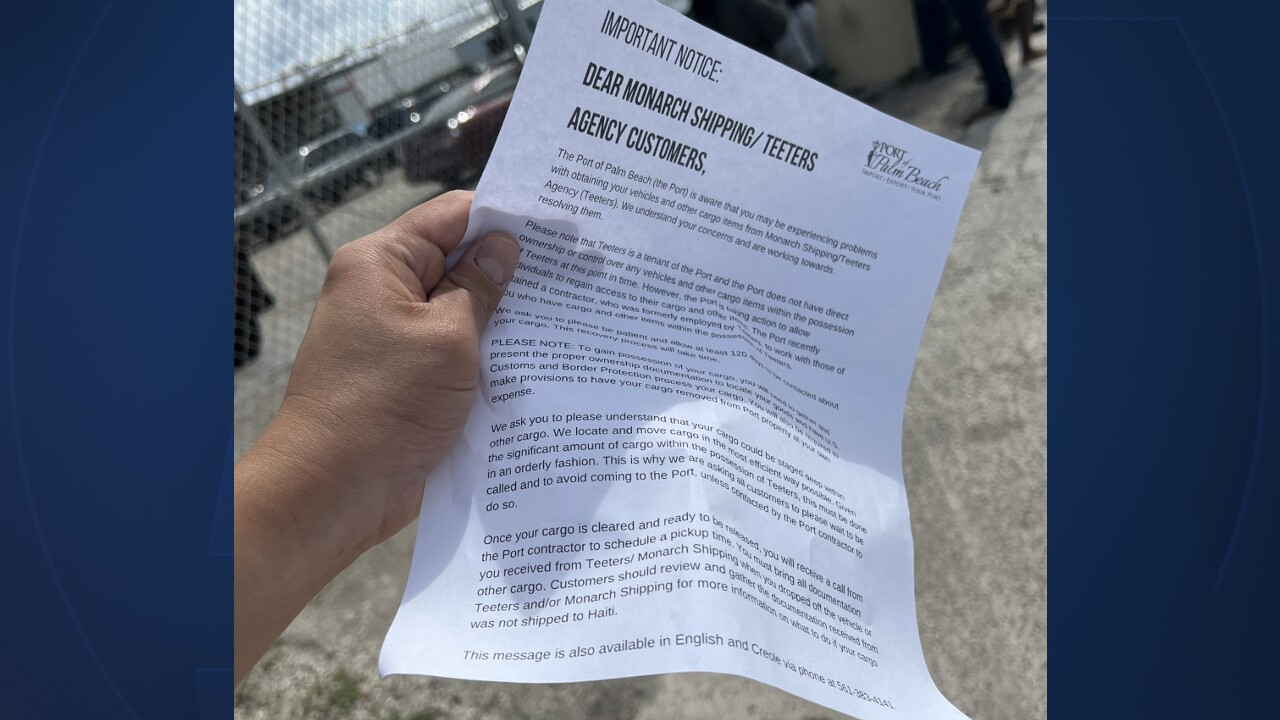 A letter from the Port of Palm Beach addressed to customers of Teeters Agency & Stevedoring, Inc. and Monarch Shipping Company on May 2, 2022.jpg