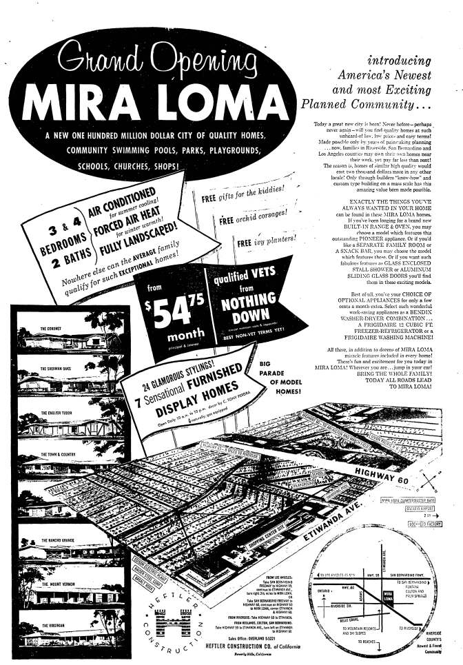Advertisement for Mira Loma Village, Riverside Daily Press, March 18, 1956.