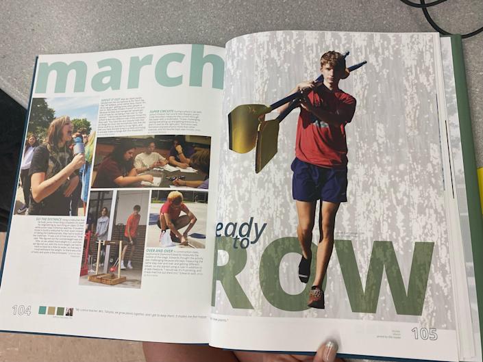 A photo of an open yearbook depicting photos from a Don't Say Gay march.